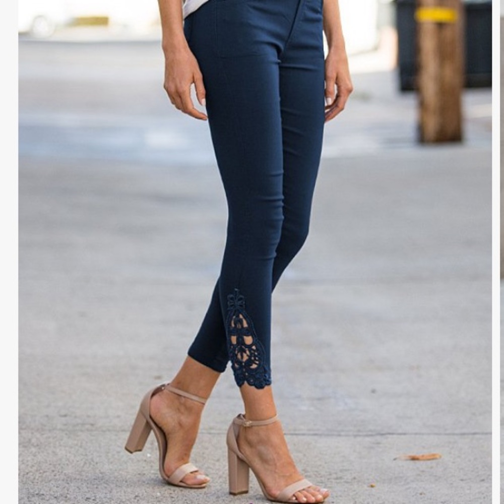Navy leggings with crochet detail